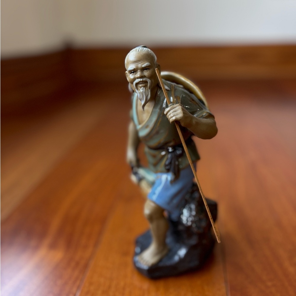 Vintage Shiwan Muman Mud Man Fisherman Figurine Statue 8” Man with Fishing Pole